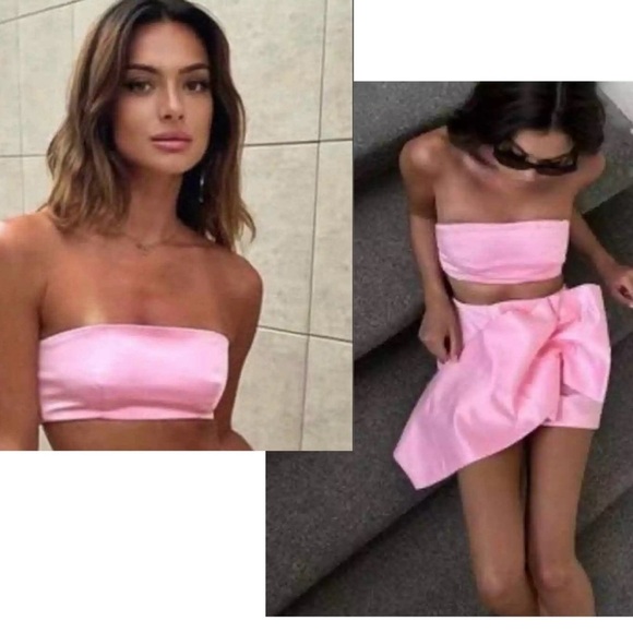 Zara light pink satin effect bandeau strapless crop top Sz L NWT - Picture 3 of 13